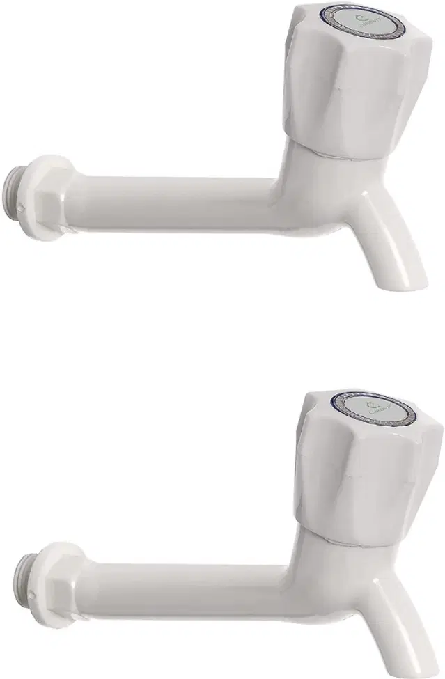 Plastic Long Body Bib Cock Tap with Wall Flange, White, Set of 2