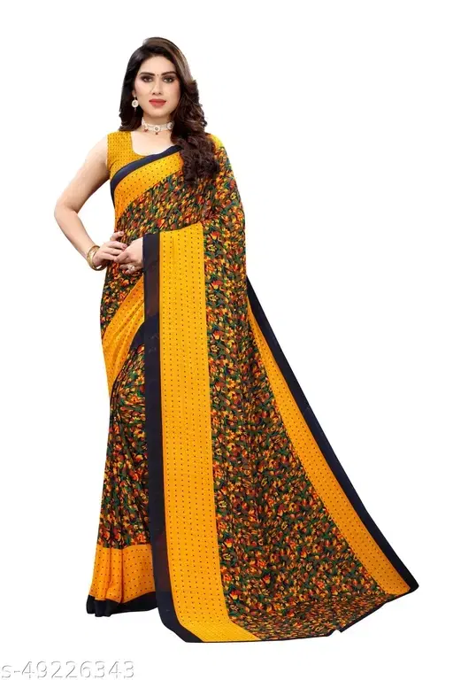 Georgette Printed Saree for Women, Yellow (Brown)