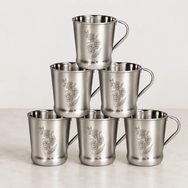 Stainless Steel Tea Cups, Silver [150 ml, Pack of 6]