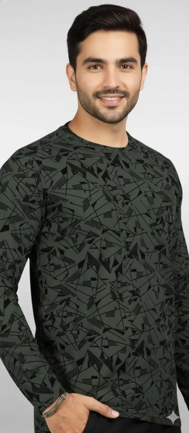 Polyester Printed T-shirt for Men, Olive Green (M)