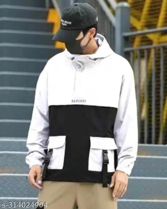 Nylon Full Sleeves Solid Jacket for Men (White & Black, L)