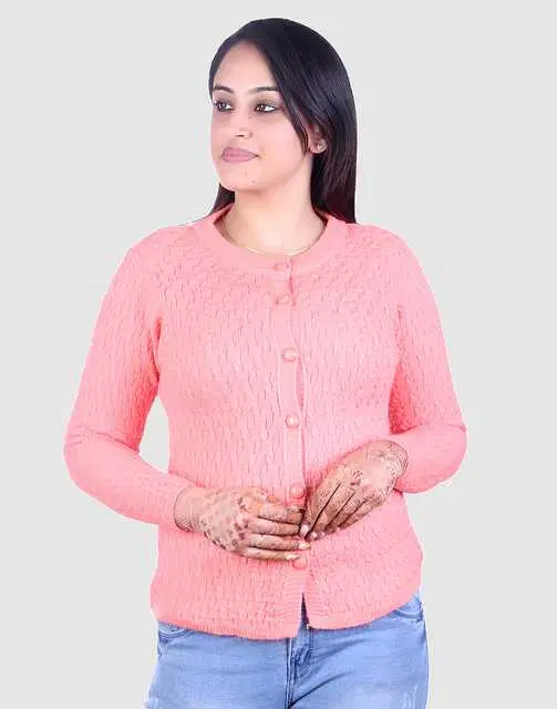 Women's Full Sleeves Cardigan (Peach, L) (M54)