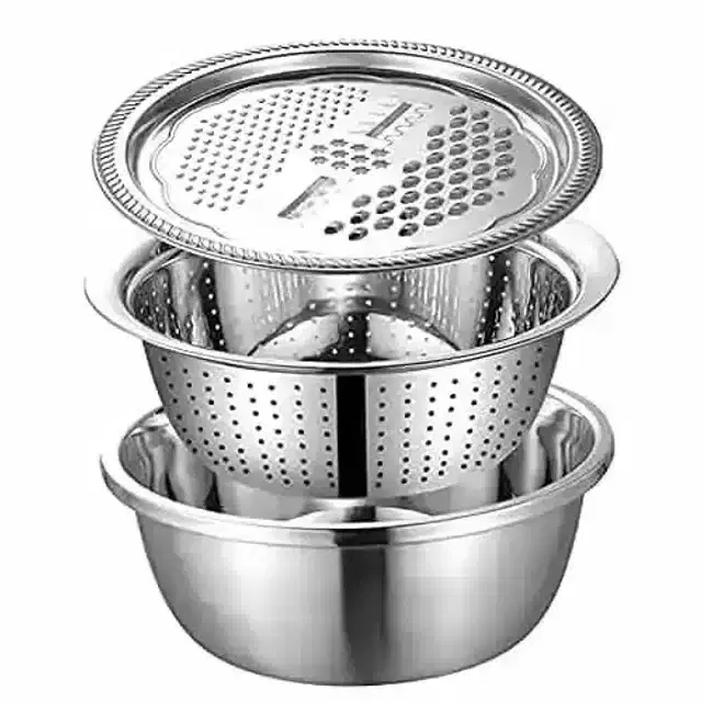 K Kudos Stainless Steel Drain Basket Vegetable Cutter 3 In 1 Kitchen Multipurpose Julienne Grater