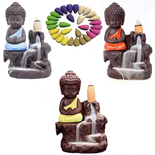 Handcrafted Polyresin Buddha Smoke Backflow Idol with 30 Incense Cone, Multicolor, Set of 3