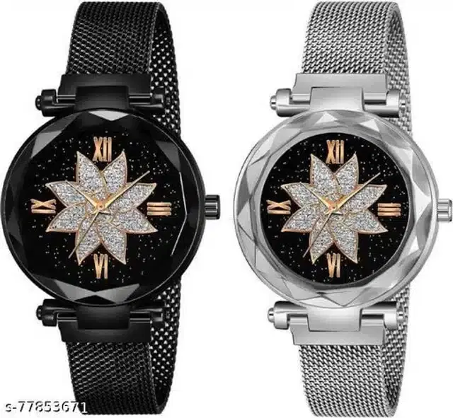 Analog Watch for Women, Pack of 2 (Silver & Black)