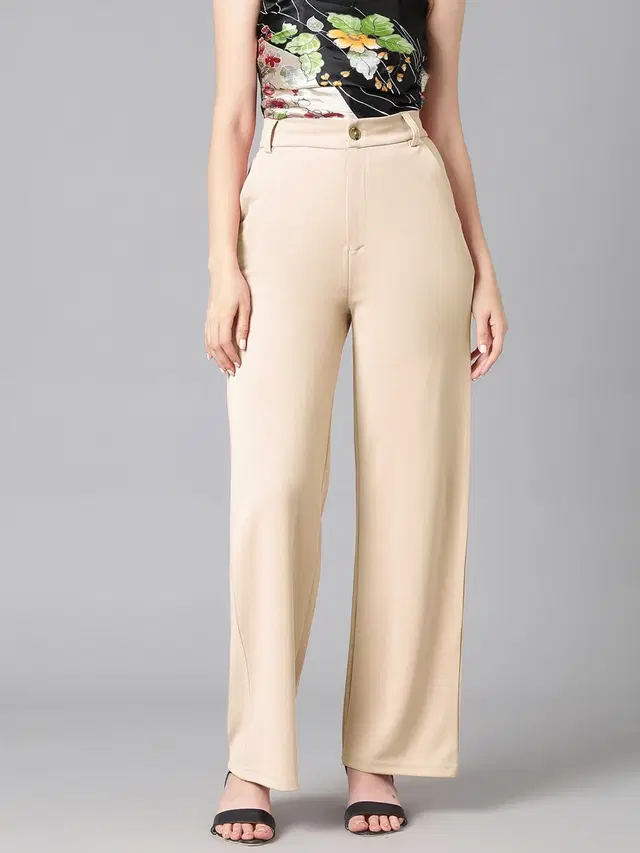Mid Rise Solid Trousers & Pants for Womens (Beige, 26)