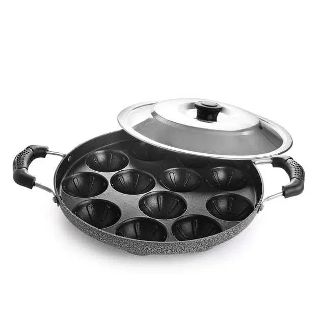 Moxtiza Non Stick 12 Cavity Grill Appam Patra With Stainless Steel Lid, Black, 26 cm, M-3