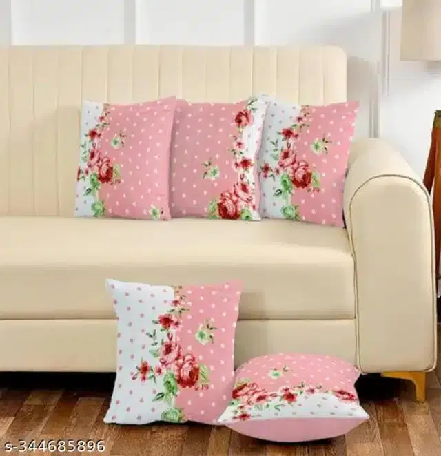 Cotton Cushion Covers, Pink & White, 16x16 inches, Pack of 5