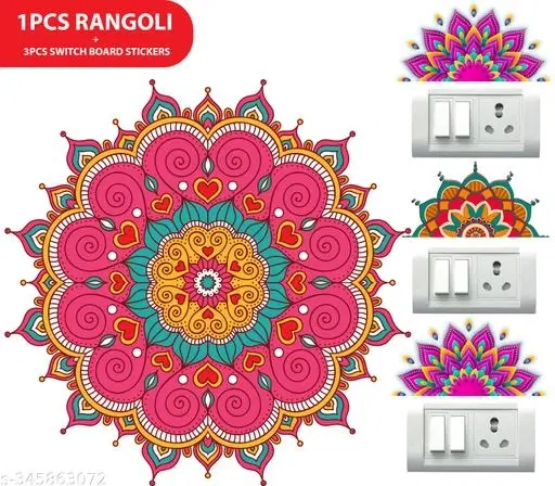 Combo of Rangoli Sticker, 31x31 cm & 3 Pcs Switch Board Stickers, Multicolor, Set of 2