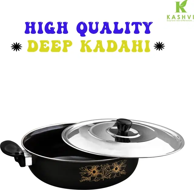 Cast Iron Kadai with Lid, Black & Silver, 28 cm