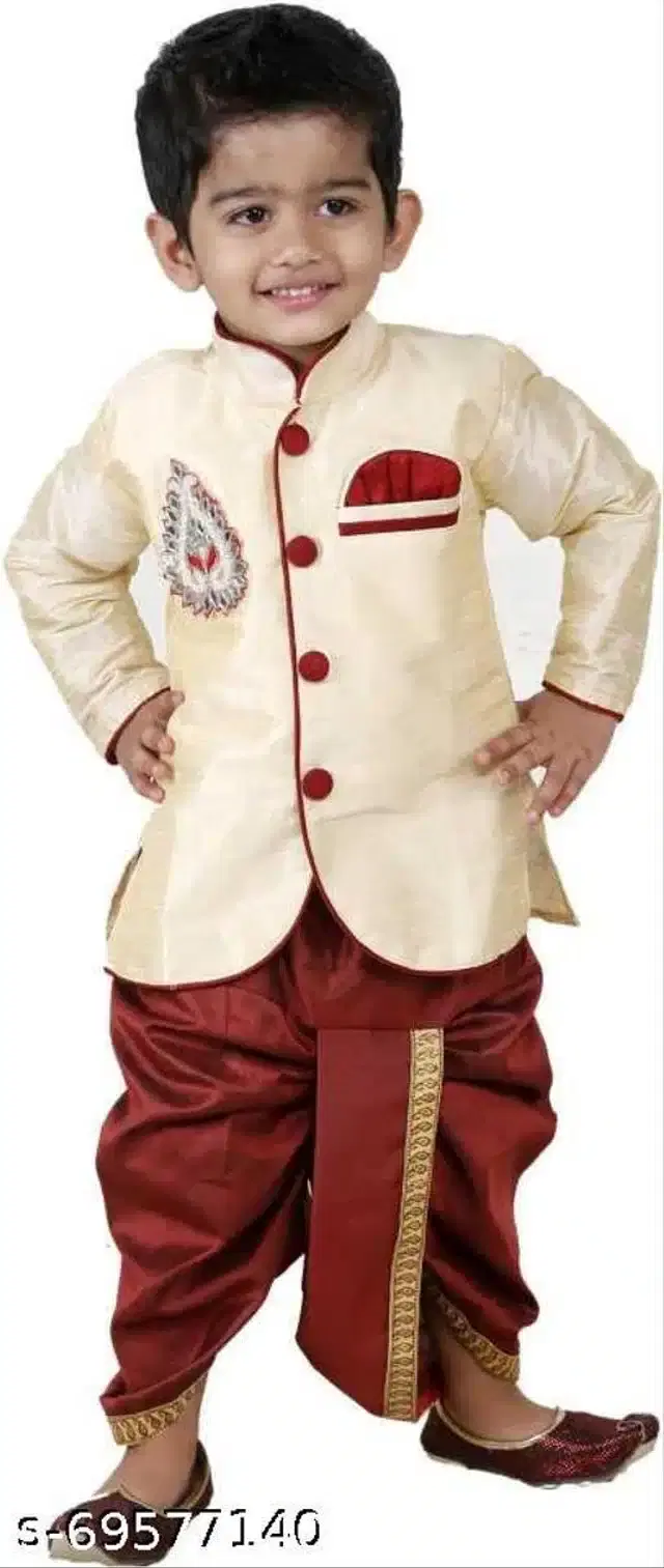 Sherwani Set for Boys (Cream & Maroon, 6-7 Years)