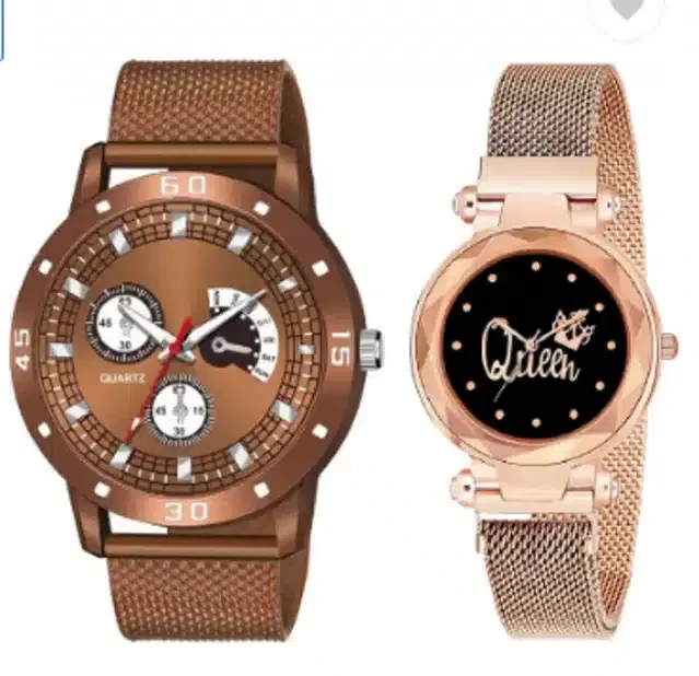 Couple Analog Watches, Pack of 2 (Brown)
