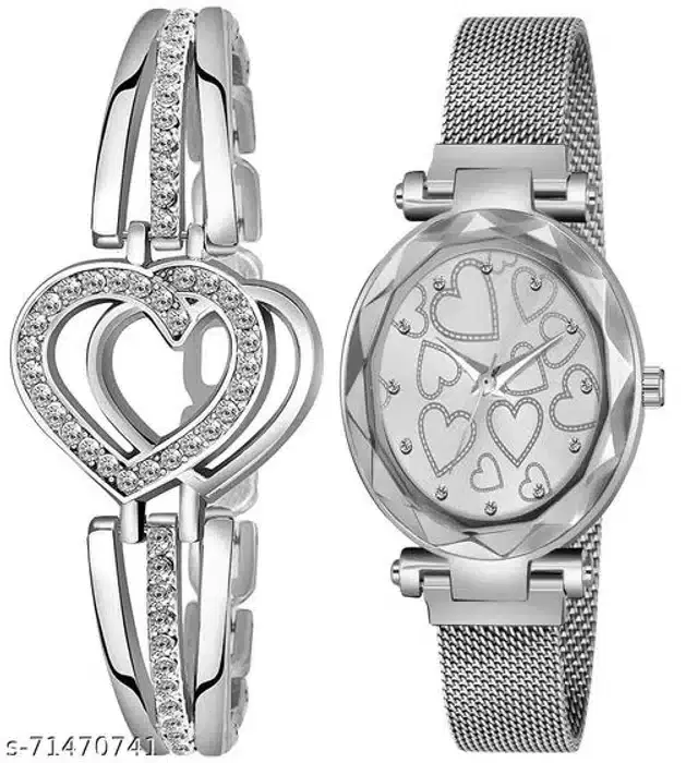 Analog Watch with Bracelet for Women, Set of 2 (Multicolor)