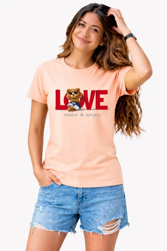 Cotton Blend Tshirts for Women (Peach, S)