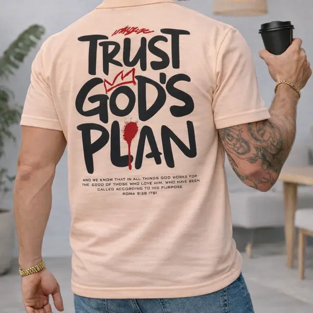 Cotton Blend Printed T-Shirt for Men, Peach (L)