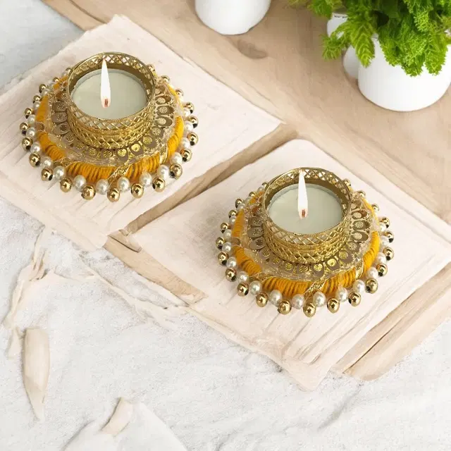 Metal Designer Tealight Candle Holder, Yellow, 9x9x2.5 cm, Pack of 2