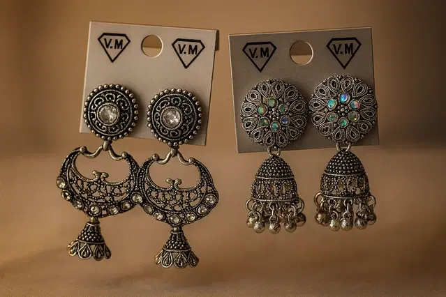 Women's Silver-Tone Traditional Jhumka & Boho Earrings & Stud Set, Pack of 2
