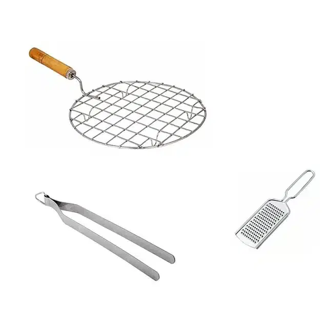 Stainless Steel Cheese Grater,Steel Wire Roaster with Wooden Handle & Chimta, Combo of 3