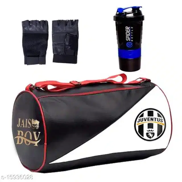 Combo of Gym Bag with Shaker Bottle, 400 ml, Gloves, Multicolor, Set of 3