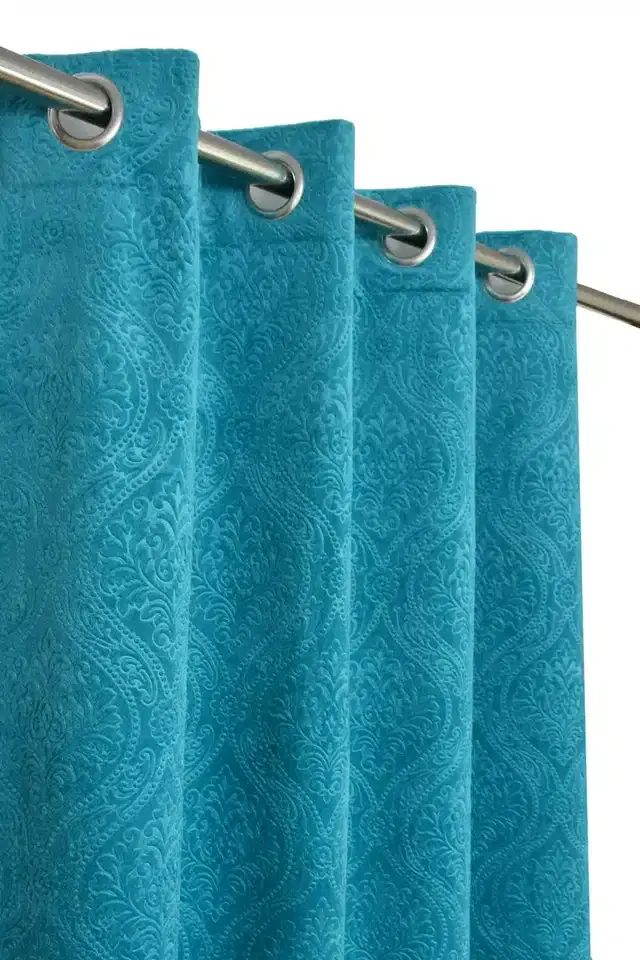 Velvet Printed Window & Door Curtains, Pack of 2, Aqua Blue, 5 feet