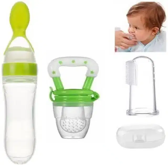 Silicone Food & Fruit Feeder with Finger Brush for Kids, Multicolor, Set of 2
