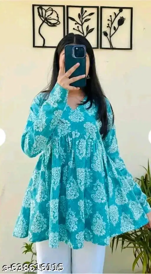 Rayon Printed Short Kurti for Women, Blue (L)