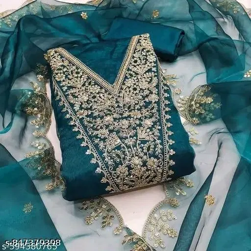 Organza Embroidered Floral Unstitched Suits for Women (Teal, Un Stitched)