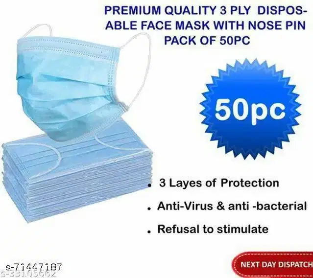 Non-Woven PPE Masks, Blue, Pack of 50