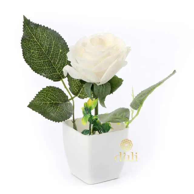 Duli Natural Looking Artificial Rose Flower Pot For Home Decoration, White, D-2