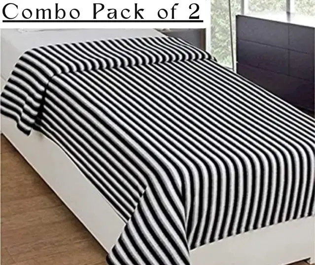 Combo Pack of 2 Striped Single Fleece Blanket for Mild Winter, Woollen Blend, Black White