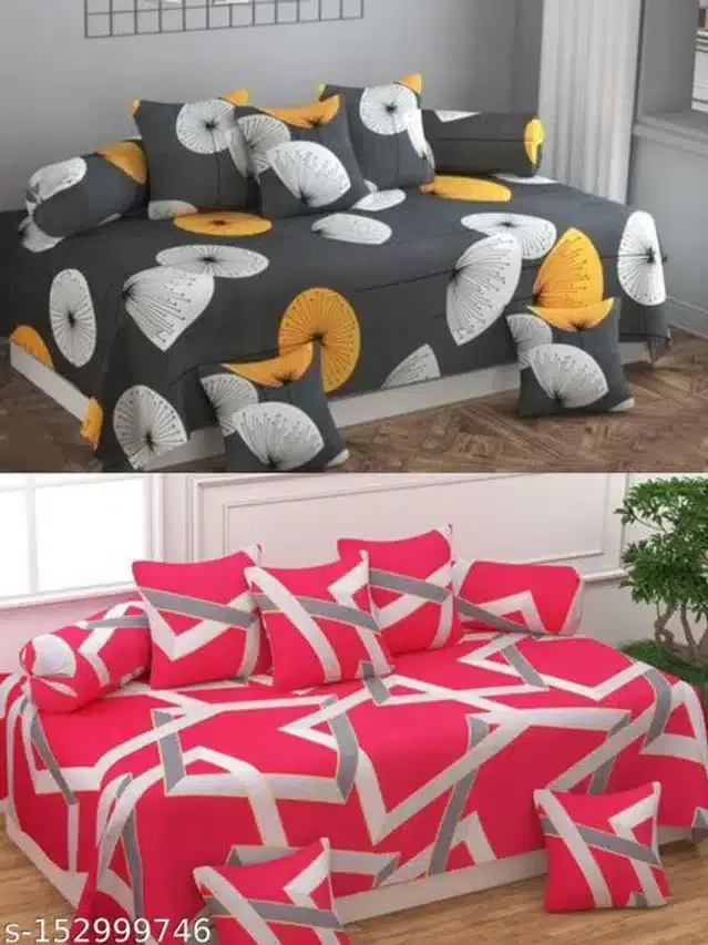 Polycotton Diwan Cover Set, Grey & Red, Combo of 2