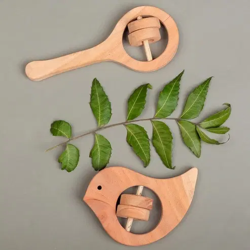 Neem Wood Whale Teether Toys Rattle, Beige, Pack of 2