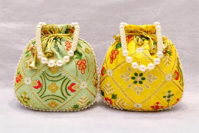 Handcrafted Embroidered Silk Potli Bag, Multicolour, Pack of 2