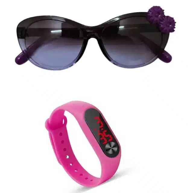 UV Protected Sunglass with Digital Watch for Boys & Girls, Set of 2 (Black & Pink)