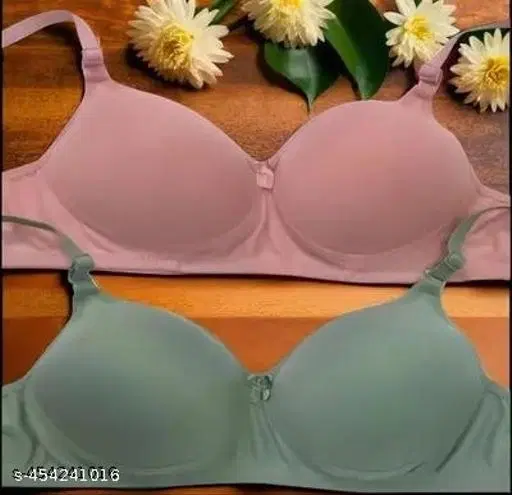 Cotton Solid Bra for Women & Girls, Pink & Green, Pack of 2 (28A)