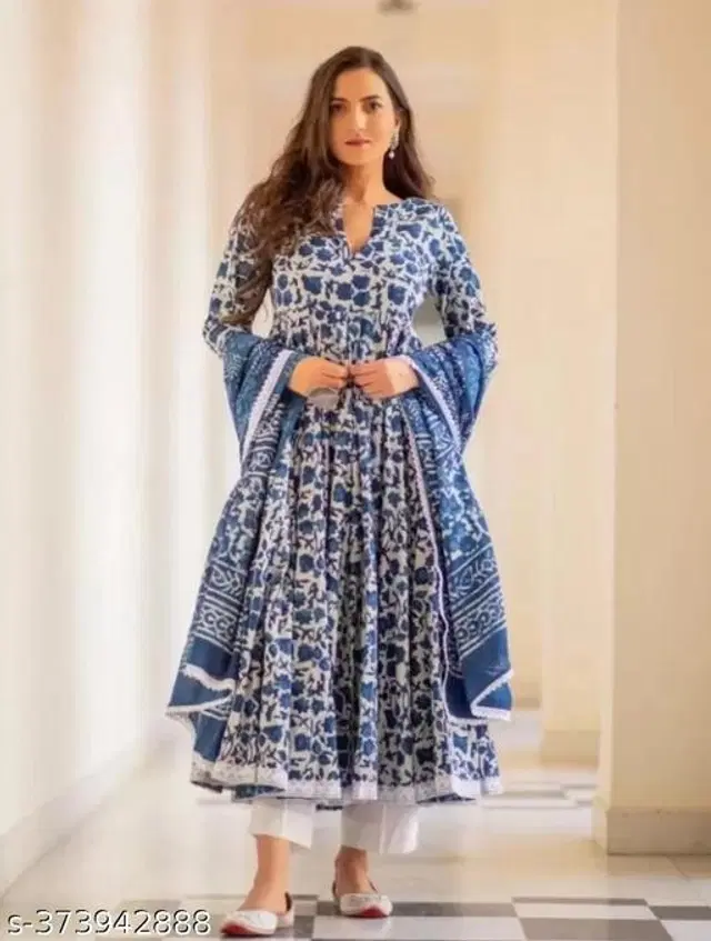 Rayon Printed Kurta with Pant & Dupatta for Women (Blue & White, M)