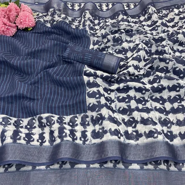 Linen Printed Saree for Women, Blue (6.3 m)