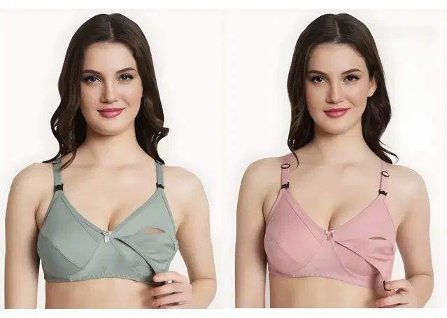 Cotton Blend Solid Non Padded Feeding Bras for Women, Pack of 2 (Multicolor, 42B)