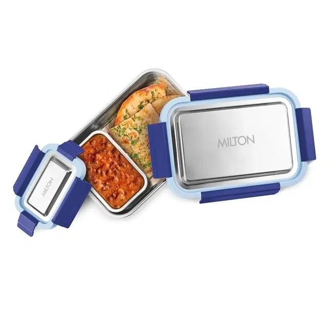 Milton Modern Meal Sr. Stainless Steel Tiffin, Set of 2 (950 ml,150 ml), Blue | Food Grade | BPA Free | Refrigerator Safe | Odour Free I Durable and Stylish Lunch Box for Home, Office & Travel