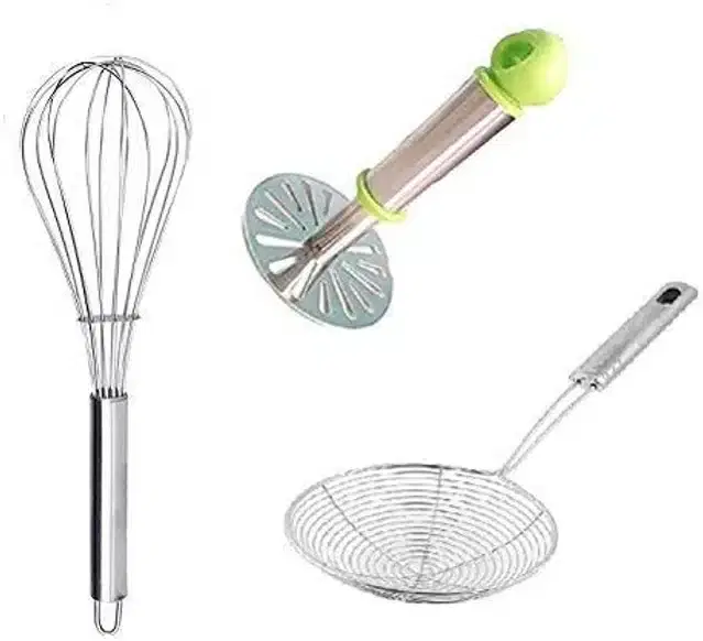 Stainless Steel Masher with Whisk & Deep Fry Strainer, Multicolor, Set of 3