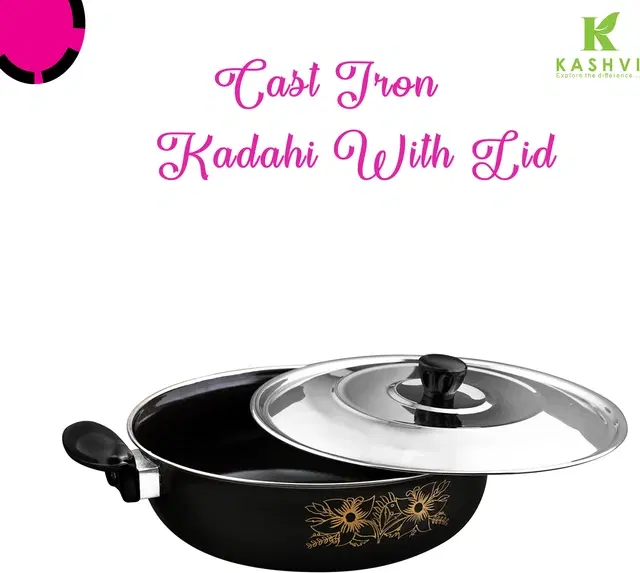 Cast Iron Kadai with Lid, Black & Silver, 28 cm