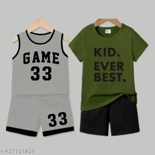 Cotton Blend Printed Clothing Set for Boys, Grey & Olive, Pack Of 2 (6-7 Years)