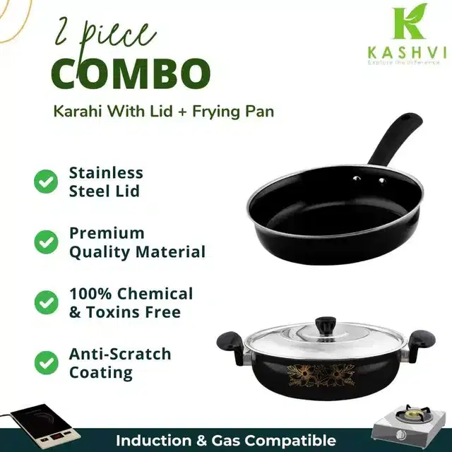 Non Stick Kadai with Stainless Steel Lid & Frying Pan, Black, Set of 2