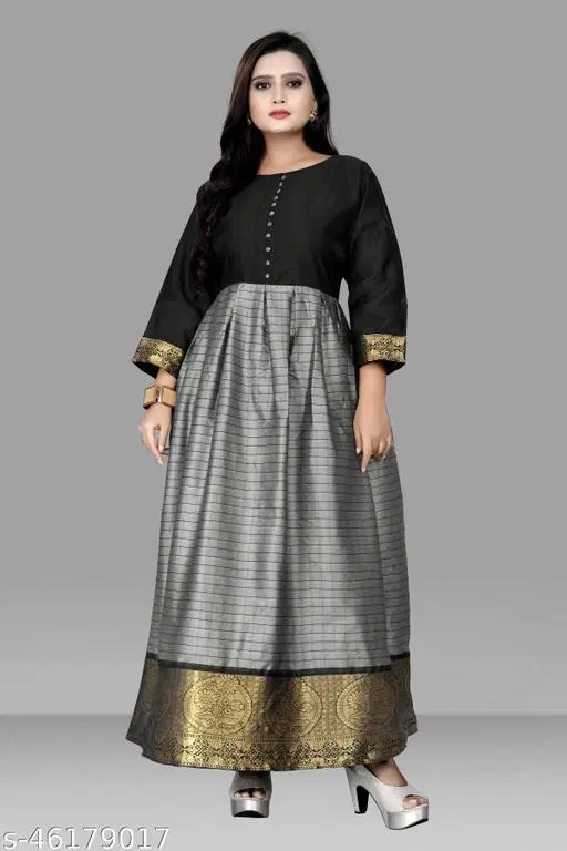 Cotton Printed Gown for Women (Grey & Black, M)