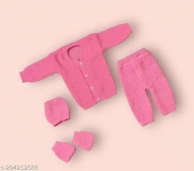 Woolen Solid Sweater with Pyjama & Cap with Socks for Kids (Pink, 0-6 Months)