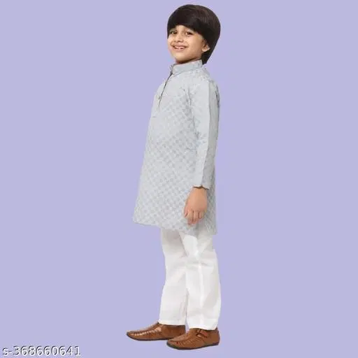 Cotton Blend Kurta with Pyjama for Boys (Grey & White, 4-5 Years)