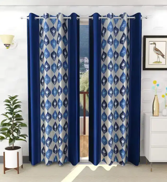 Polyester Printed Window & Door Curtains, Pack of 2, Blue, 5 feet