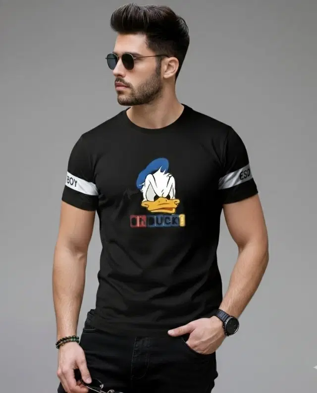 Polyester Printed T-shirt for Men, Black (M)