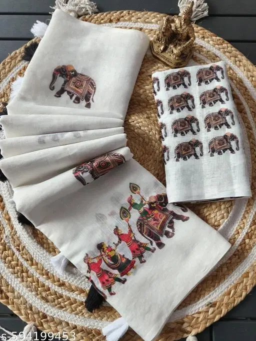 Cotton Lien Printed Saree for Women, White (6.3 M)