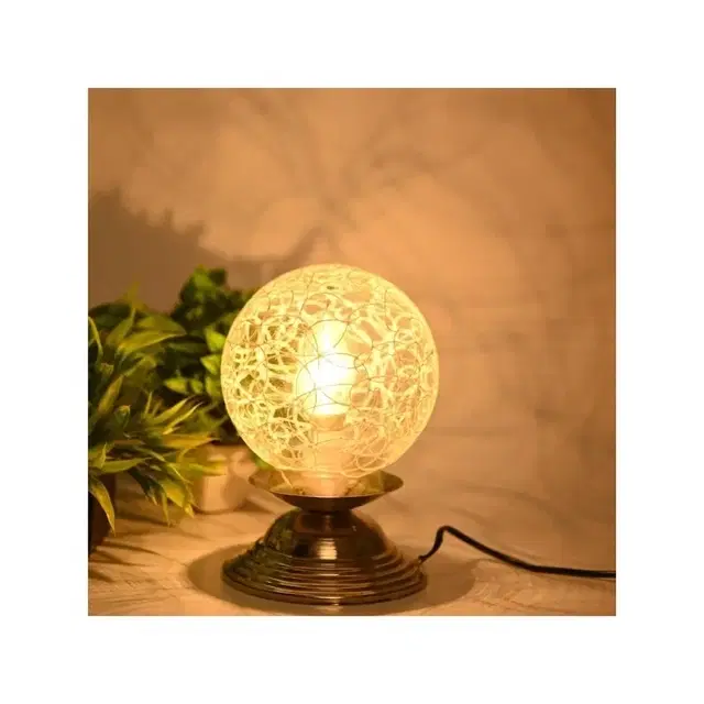 Crackle Glass Globe Table Lamp With Brass Base (White)